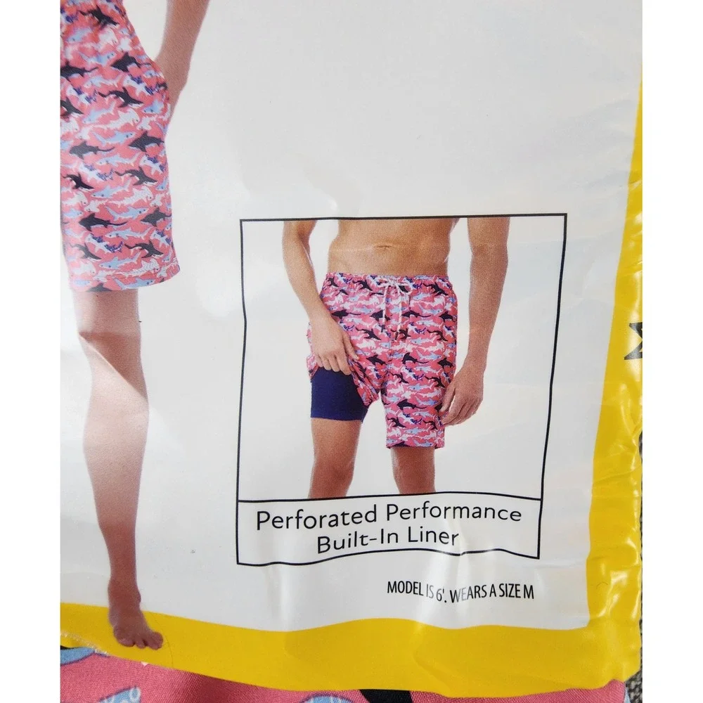 Member's Mark Mens M Resort Swim Trunk Pink Shark Board Shorts Beachwear
